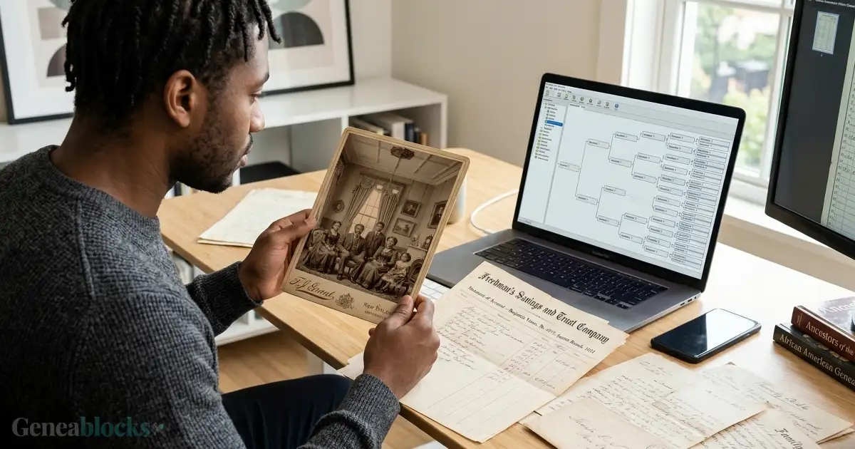 A young man sitting at his desk, holding a photo of his ancestors. Letters and bank records from the 1800s show his success in tracing his family history.