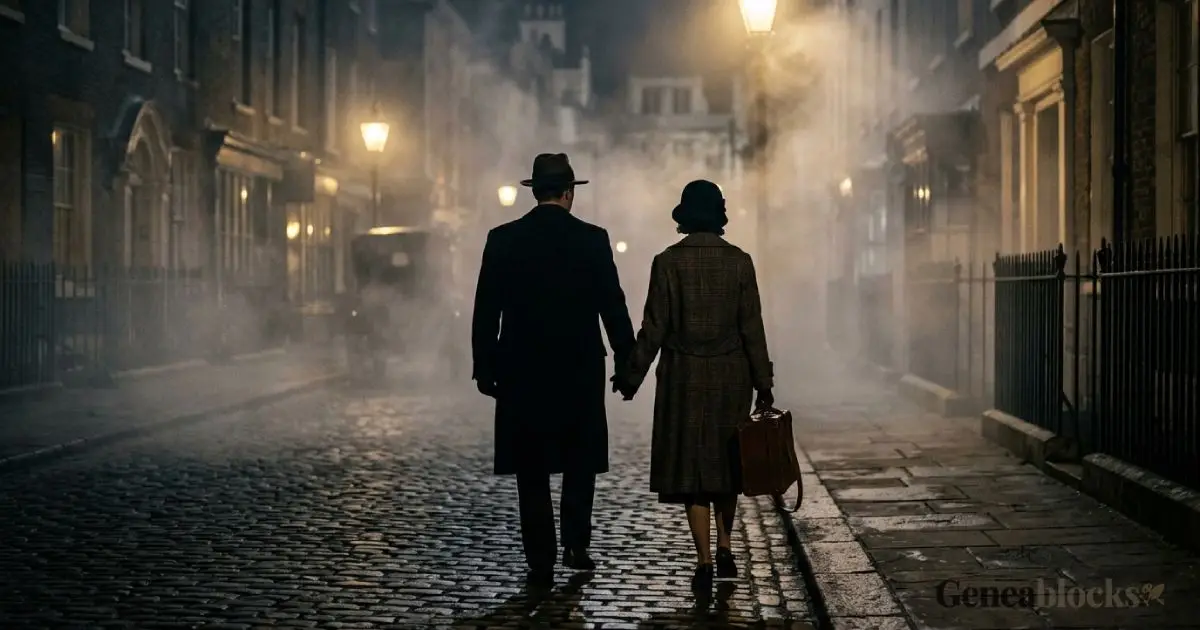A couple walks hand in hand into an evening fog on a cobbled street in 1920s London