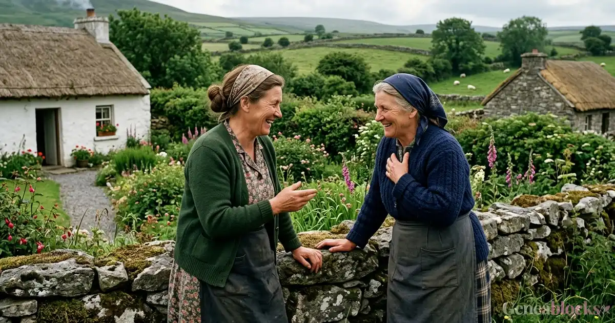 A pair of neighbours in 1940s rural Ireland have a friendly chat near the stone bounds of a cottage garden