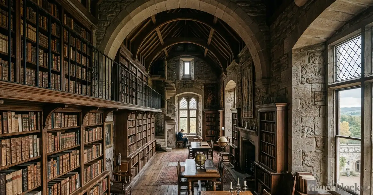 A large private library in an old castle estate