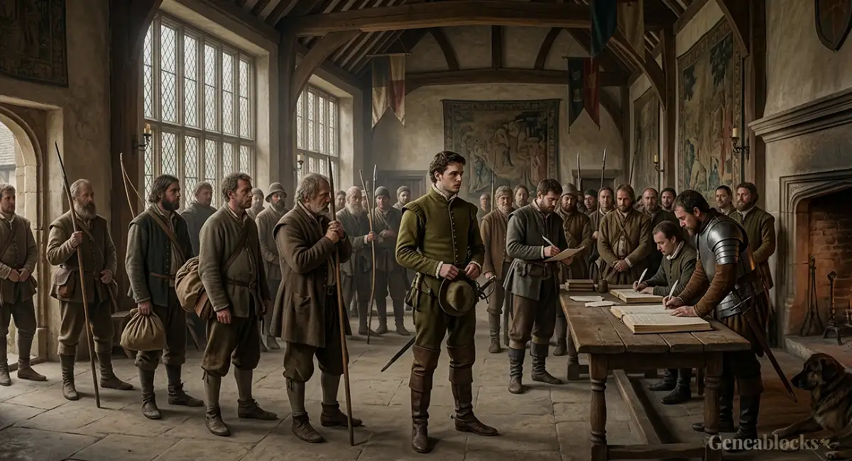 A young gentleman answers a muster call at the manor hall in 16th century England