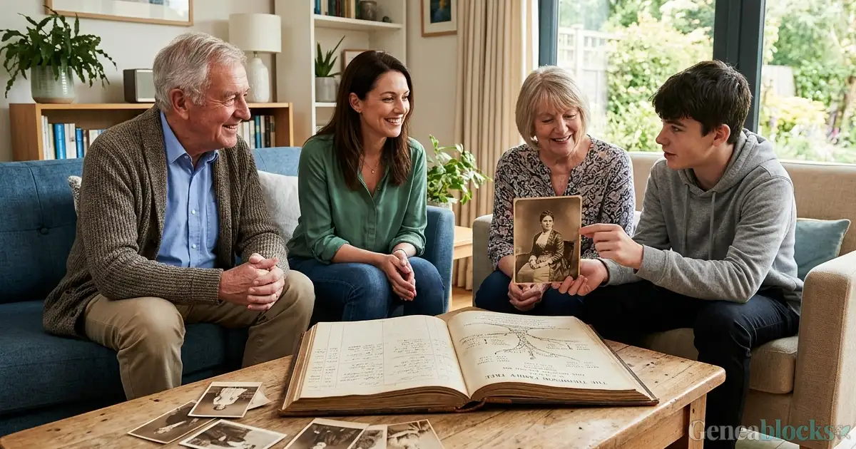A multi-generational family converses in their front room. On the table are antique photos and a family tree in a bound book. A young lad holds a photo of his ancestor with a clear resemblance to his mum.