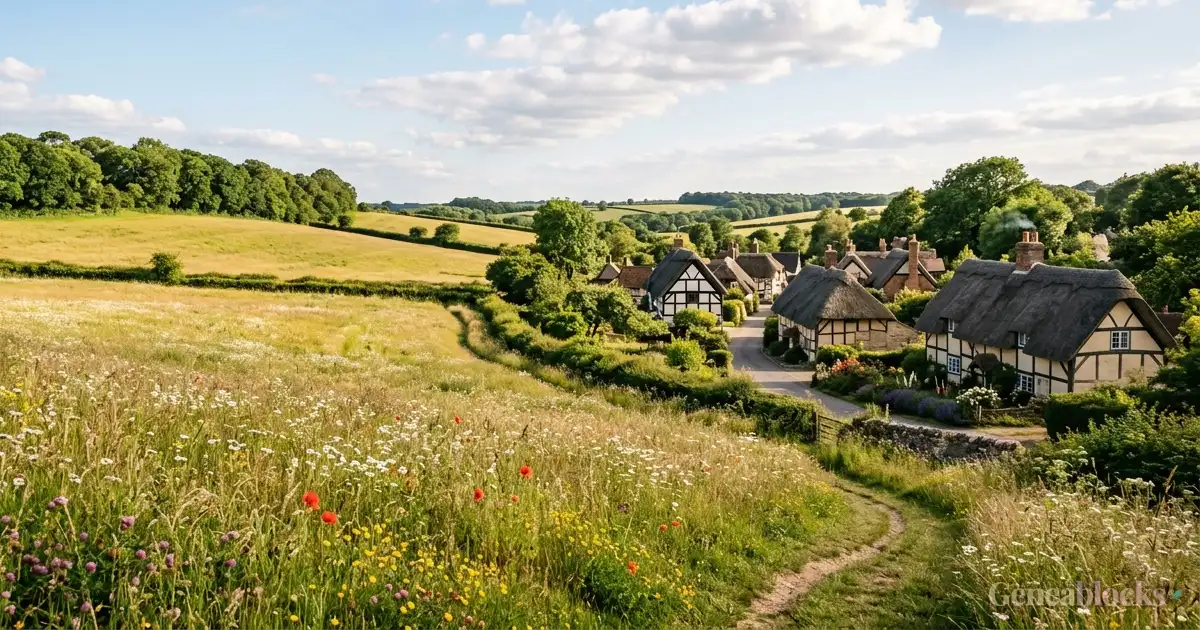 A sunlit English village with thatched cottages nestled among wildflower meadows